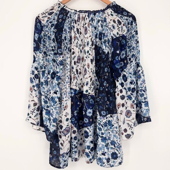 Spense Blue White Floral Tie Neck Wide Sleeve Blouse Size L - Picture 5 of 7